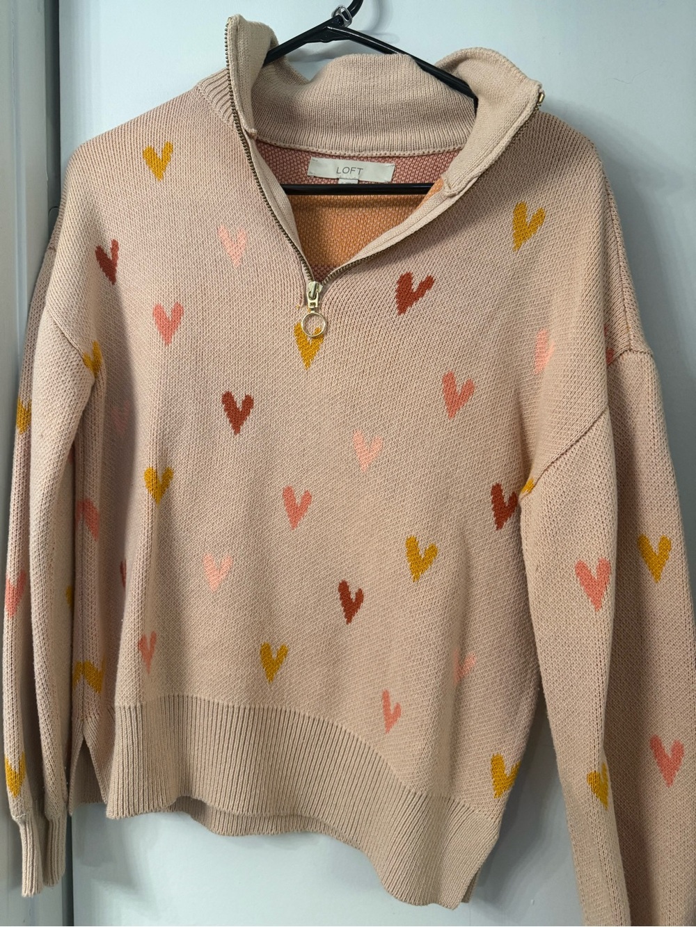 LOFT Blush Pink Heart-Print Half-Zip Sweater